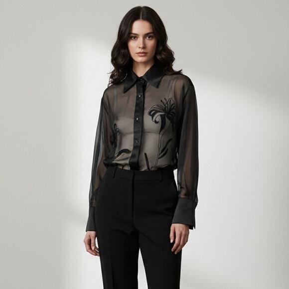 90s vintage black silk minimalist sheer organza emboidered tunic shirt blouse - Picture 8 of 10